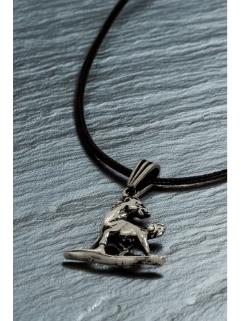 Erkek Gümüş Kolye Ucu - At Figürlü Oksitli Model Deri Kolyeli 925 Ayar Gümüş