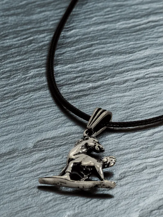 Erkek Gümüş Kolye Ucu - At Figürlü Oksitli Model Deri Kolyeli 925 Ayar Gümüş