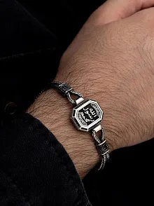 Erkek Gümüş Bileklik - Mührü Şerif Motifli Tilkikuyruğu Zincirli 925 Ayar Gümüş Bileklik