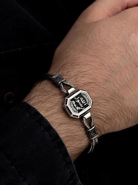 Erkek Gümüş Bileklik - Mührü Şerif Motifli Tilkikuyruğu Zincirli 925 Ayar Gümüş Bileklik