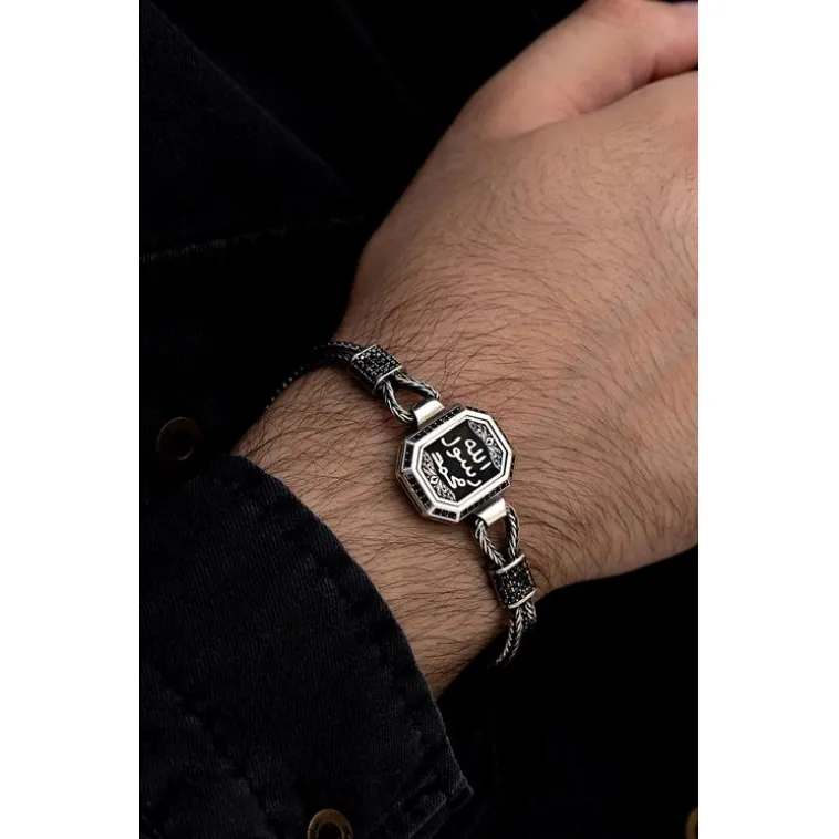 Erkek Gümüş Bileklik - Mührü Şerif Motifli Tilkikuyruğu Zincirli 925 Ayar Gümüş Bileklik Erkek Gümüş Bileklik - Mührü Şerif Motifli Tilkikuyruğu Zincirli 925 Ayar Gümüş Bileklik
