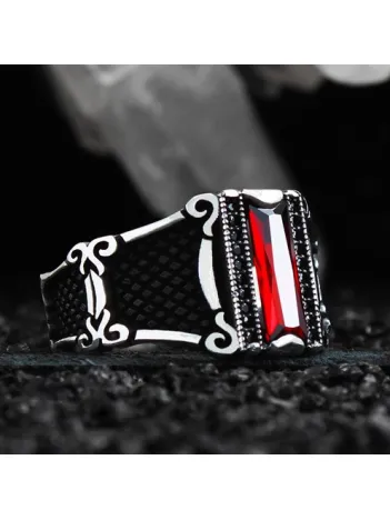 Kırmızı Zirkon Taşlı Mikro Taş İşlemeli Model Özel Seri Erkek Gümüş Yüzük