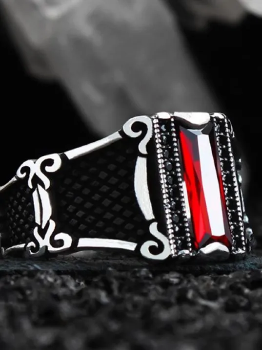 Kırmızı Zirkon Taşlı Mikro Taş İşlemeli Model Özel Seri Erkek Gümüş Yüzük