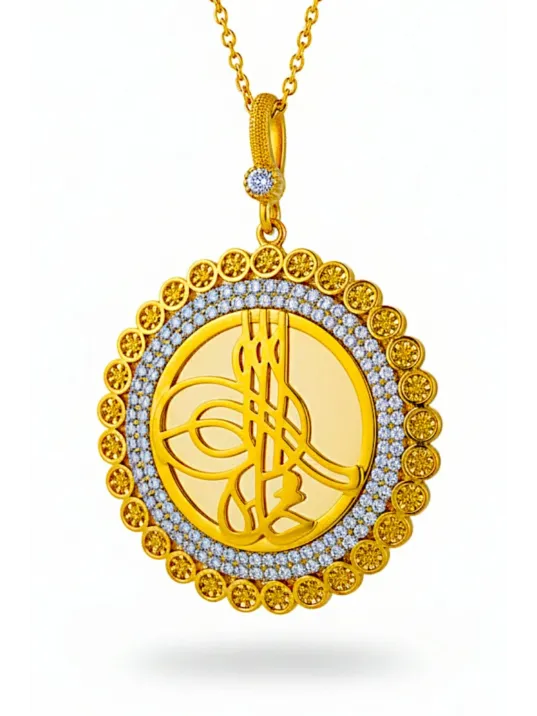 Kadın Gümüş Kolye - Osmanlı Tuğrası Motifli 22 Ayar Altın Kaplama Zirkon Taşlı Gümüş Kadın Kolye