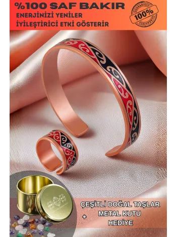 Kadın Bakır Bileklik Yüzük Set - Carlotta Model Özel Baskı Metal Kutu Ve Doğal Taşlar