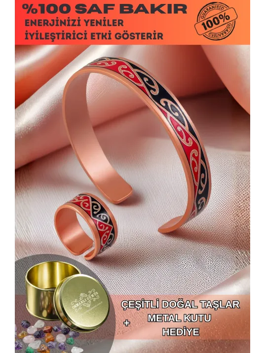 Kadın Bakır Bileklik Yüzük Set - Carlotta Model Özel Baskı Metal Kutu Ve Doğal Taşlar