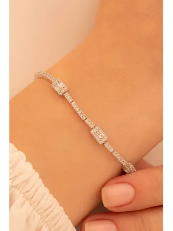Kadın Gümüş Bileklik - Süreyya Baget Taşlı Kare Model Kadın Bileklik