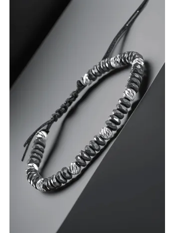 Siyah Hematit Taşlı Gümüş Detaylı Ayarlanabilir Erkek İp Bileklik - Model 5
