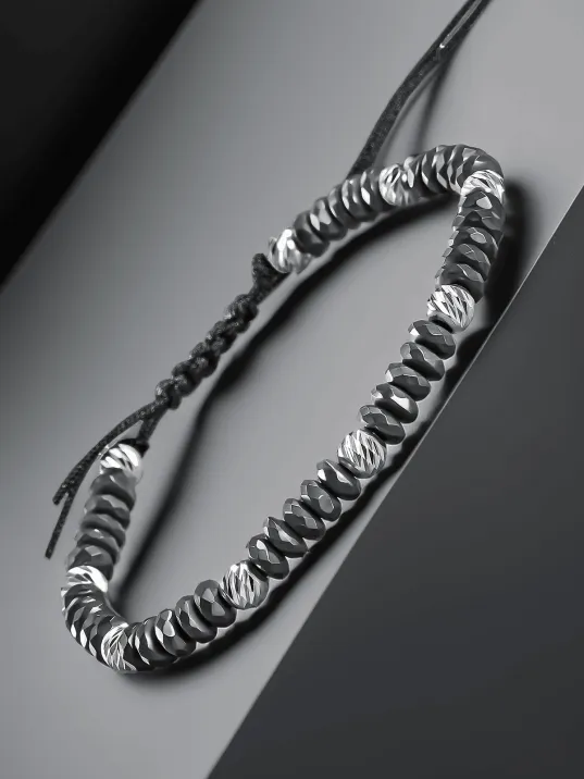 Siyah Hematit Taşlı Gümüş Detaylı Ayarlanabilir Erkek İp Bileklik - Model 5