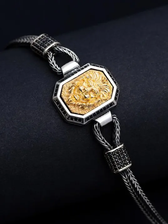 Erkek Gümüş Bileklik - Aslan Figürlü Tilkikuyruğu Zincirli 925 Ayar Gümüş Bileklik