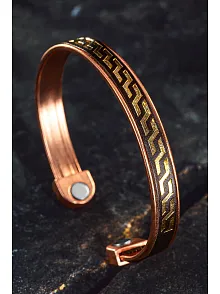 Erkek Kadın Bakır Bileklik - Altın Kaplama Hakiki Deri Omega Desenli Mıknatıslı Metal Kutu Doğal