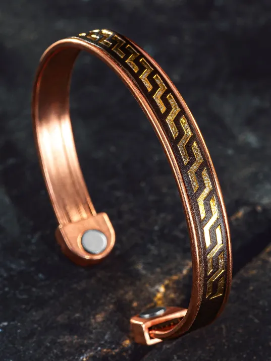 Erkek Kadın Bakır Bileklik - Altın Kaplama Hakiki Deri Omega Desenli Mıknatıslı Metal Kutu Doğal