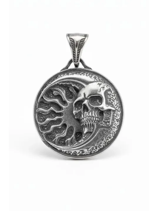 Erkek Gümüş Kolye - 925 Ayar Kabartmalı Güneş Ay ve İskelet Motif Tilki Kuyruğu Zincirli Erkek Kolye