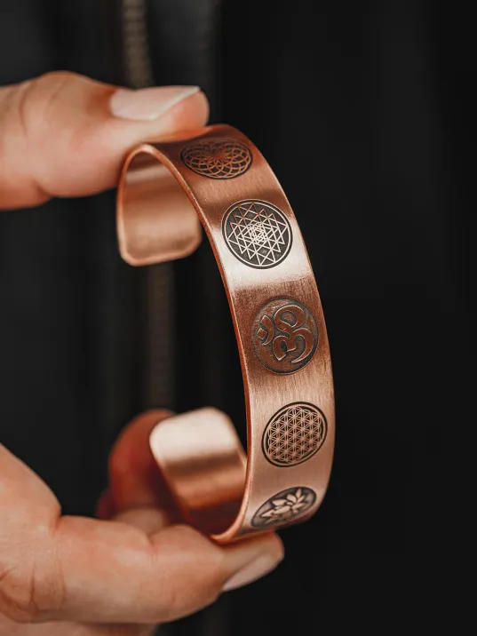 Erkek Bakır Bileklik - Yaşam Çiçeği - Lotus - Sri Yantra - Om Sembolü - Erkek Bakır Kelepçe Bileklik