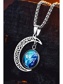 Lunara Steel Ay Figürlü Kozmik Taşlı Erkek Kolye Polo Zincir Kararmaz Çelik