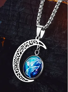 Lunara Steel Ay Figürlü Kozmik Taşlı Erkek Kolye Polo Zincir Kararmaz Çelik