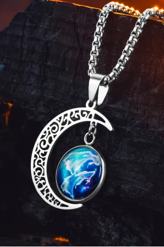 Lunara Steel Ay Figürlü Kozmik Taşlı Erkek Kolye Polo Zincir Kararmaz Çelik