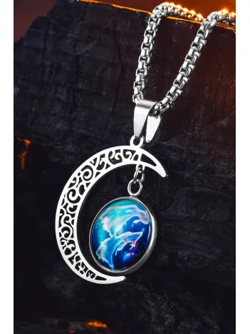 Lunara Steel Ay Figürlü Kozmik Taşlı Erkek Kolye Polo Zincir Kararmaz Çelik