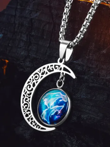 Lunara Steel Ay Figürlü Kozmik Taşlı Erkek Kolye Polo Zincir Kararmaz Çelik