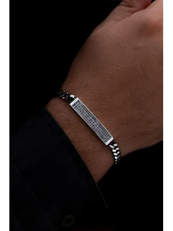 Erkek Gümüş Bileklik -Taç Mahal Oksitli Gurmet Zincir Beyaz Zirkon Taşlı Gümüş Bileklik