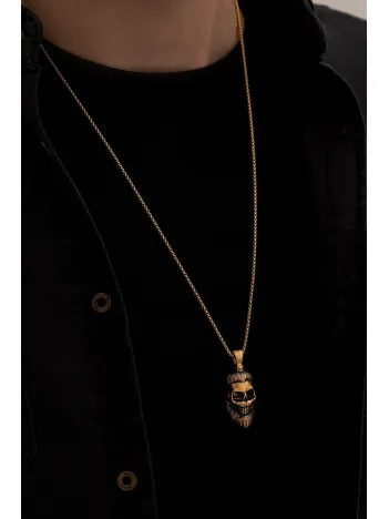 Erkek Çelik Kolye - Altın Kaplama Sakallı KuruKafa Model Çelik Kolye