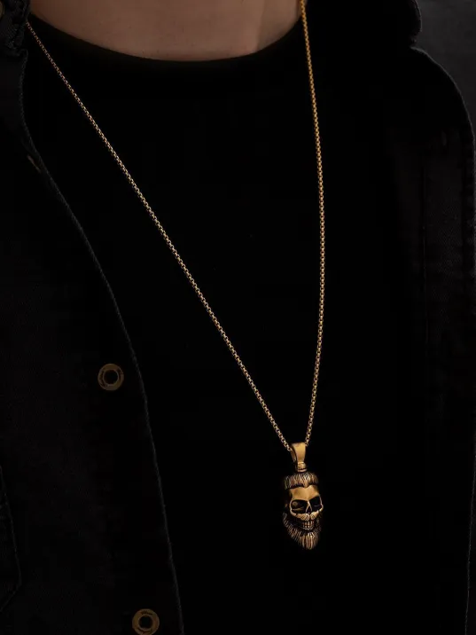 Erkek Çelik Kolye - Altın Kaplama Sakallı KuruKafa Model Çelik Kolye