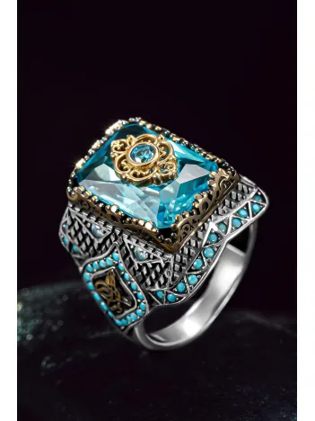 Erkek Gümüş Yüzük - Akuamarine Mavi Zirkon Taşlı Yanı Tuğra Erkek Yüzük