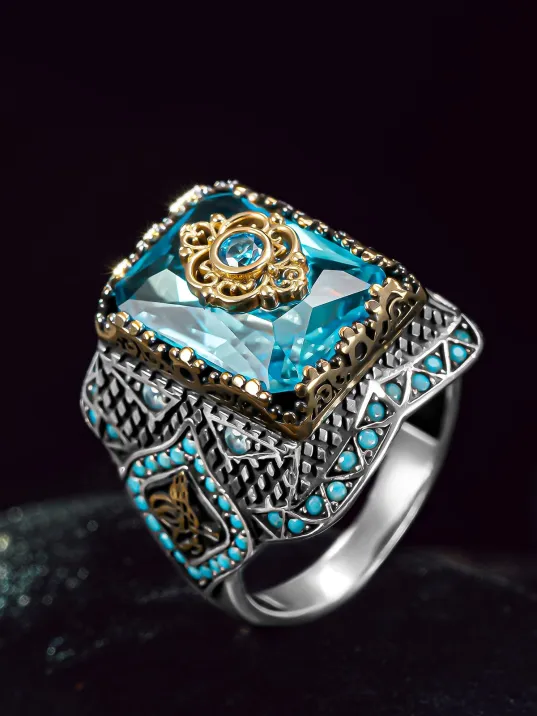 Erkek Gümüş Yüzük - Akuamarine Mavi Zirkon Taşlı Yanı Tuğra Erkek Yüzük Erkek Gümüş Yüzük - Akuamarine Mavi Zirkon Taşlı Yanı Tuğra Erkek Yüzük