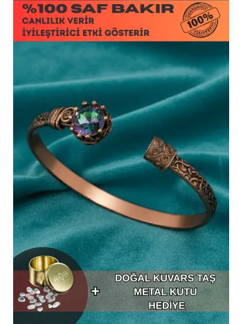 Kadın Bakır Bileklik -  Mistik Topaz Taşlı Kadın Bilezik Metal Kutu ve Kuvars Taşı