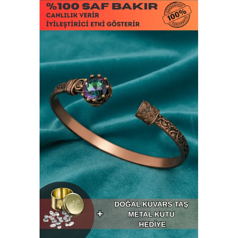 Kadın Bakır Bileklik - Mistik Topaz Taşlı Kadın Bilezik Metal Kutu ve Kuvars Taşı Kadın Bakır Bileklik - Mistik Topaz Taşlı Kadın Bilezik Metal Kutu ve Kuvars Taşı