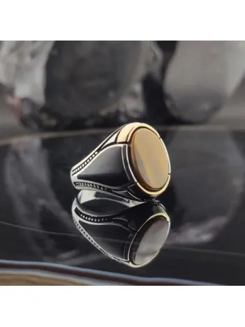 Kaplan Gözü Taşlı Yanı Mineli Gümüş Erkek Yüzük GYZGMSGUMSY