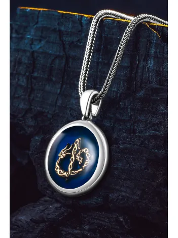 925 Ayar Gümüş Mavi Vav Elif İşlemeli Yuvarlak Kolye Tilki Kuyruğu Zincirli Model