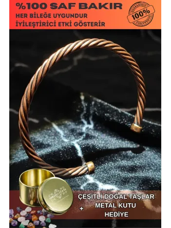 Erkek Kadın Bakır Bileklik - Tek Sıra Burma Burgu Bakır Bilezik Metal Kutu Ve Doğal Taşlar