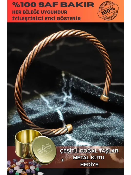 Erkek Kadın Bakır Bileklik - Tek Sıra Burma Burgu Bakır Bilezik Metal Kutu Ve Doğal Taşlar