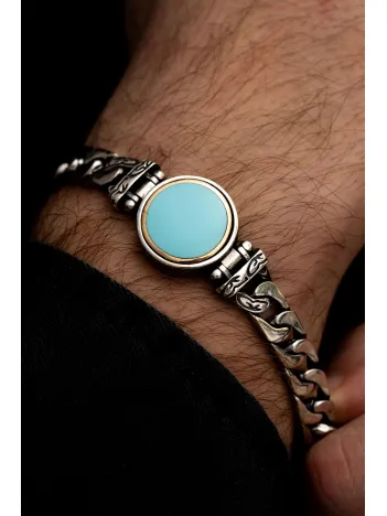 Erkek Gümüş Bileklik - Turkuaz Taşlı Ortası Dönen Model Gümüş Bileklik