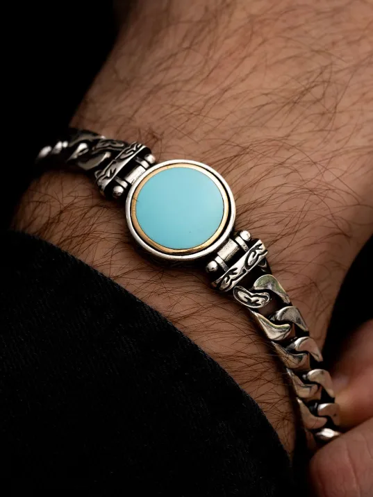 Erkek Gümüş Bileklik - Turkuaz Taşlı Ortası Dönen Model Gümüş Bileklik Erkek Gümüş Bileklik - Turkuaz Taşlı Ortası Dönen Model Gümüş Bileklik