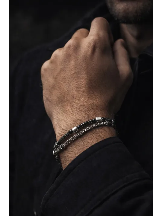 Erkek Çelik Bileklik - Çift Sıra Model 2 Yuvarlak Kral Zincir Doğal Hematit Taşlı Bileklik