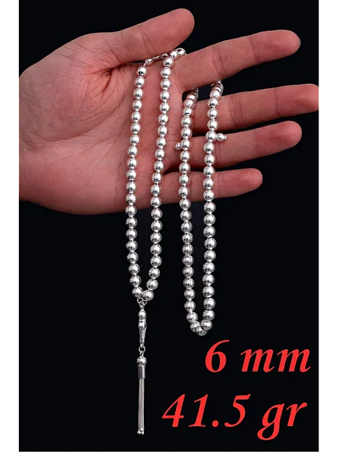 Erkek Gümüş Tespih - Düz Küre 99’luk Namaz Tespihi 6 mm Gümüş Tespih
