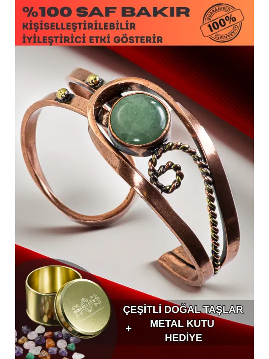 Kadın Bakır Bileklik - Aventurin Taşı Burgu Model Kadın Bilezik Metal Kutu ve Doğal Taşlar