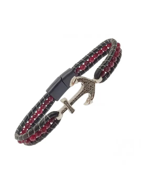 Faset Kırmızı Akik Doğaltaş Ve Zirkon Çapalı Deri Bileklik