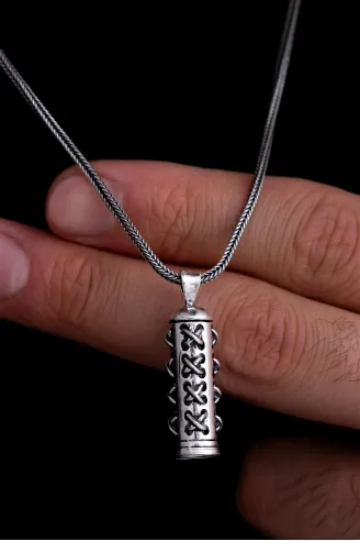 Dikişli Cevşen Kolye Muska Gümüş Erkek Zincir