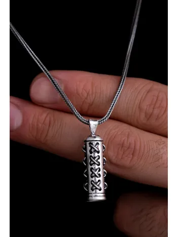 Dikişli Cevşen Kolye Muska Gümüş Erkek Zincir