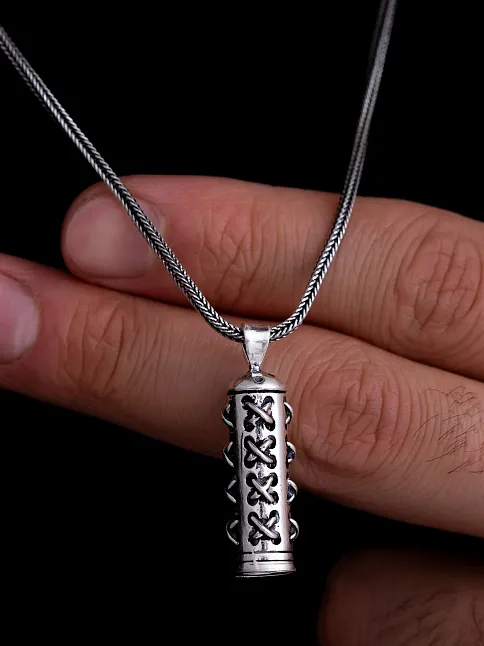Dikişli Cevşen Kolye Muska Gümüş Erkek Zincir