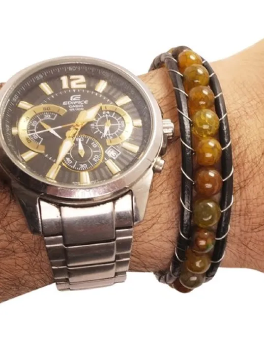 Erkek Kahverengi Akik Doğal Taş Deri Bileklik