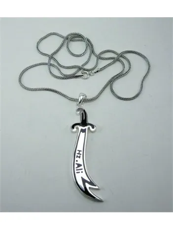 Hz.Ali Yazılı Erkek Zülfikar Gümüş Kolye Zincir Tilkikuyruğu Zincirli