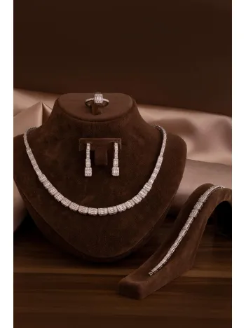 Kadın Gümüş Takı Seti - Mehtap Baget Taşlı Kolye, Bileklik, Yüzük, Küpe Tam Set