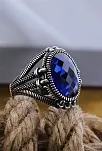 Lacivert Safir Kristal Kesim Taşlı Pençe Model Özel Seri Erkek Gümüş Yüzük