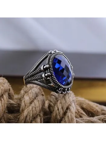 Lacivert Safir Kristal Kesim Taşlı Pençe Model Özel Seri Erkek Gümüş Yüzük