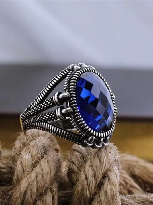 Lacivert Safir Kristal Kesim Taşlı Pençe Model Özel Seri Erkek Gümüş Yüzük