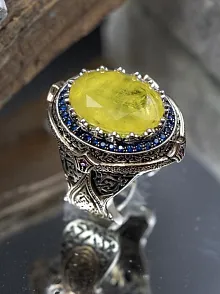 Sarı Paraiba Taşlı Lale Desenli Erkek Gümüş Yüzük GYZYZKEND10-SRI